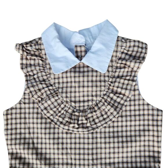 Janie And Jack Girls Tan Houndstooth Jumpsuit Ruffle Crisp White Collar Size 5 - Picture 4 of 14